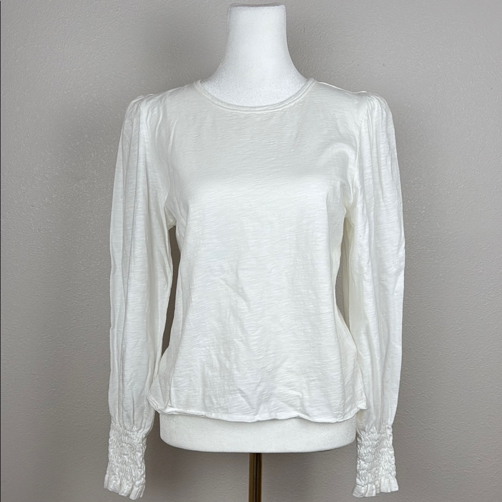 ME+EM Smocked-Cuff Balloon Sleeve Top — White Cotton, Size US 8